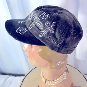 Glitzy Crosses Dk Denim Hat Cap Beanie Rhinestones Bling Distressed. CLEAN! EXC!